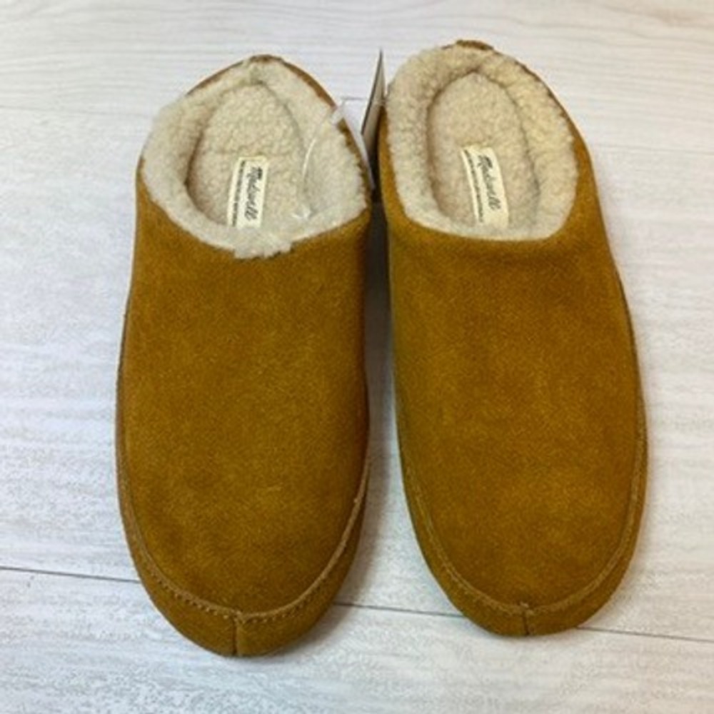 Madewell Womens 6 Suede Scuff Slippers Faux Fur Lined Tan Brown House Shoes NWT
